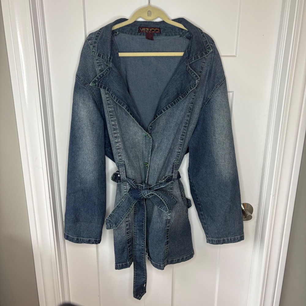 Vezucci Y2K Womens 3X Blue Denim Belted Utility Jacket Medium Wash Epaulettes